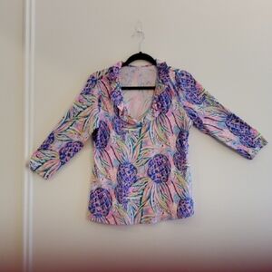 Lulu-B Pink & Purple Pineapple Print Ruffle V-Neck Blouse
